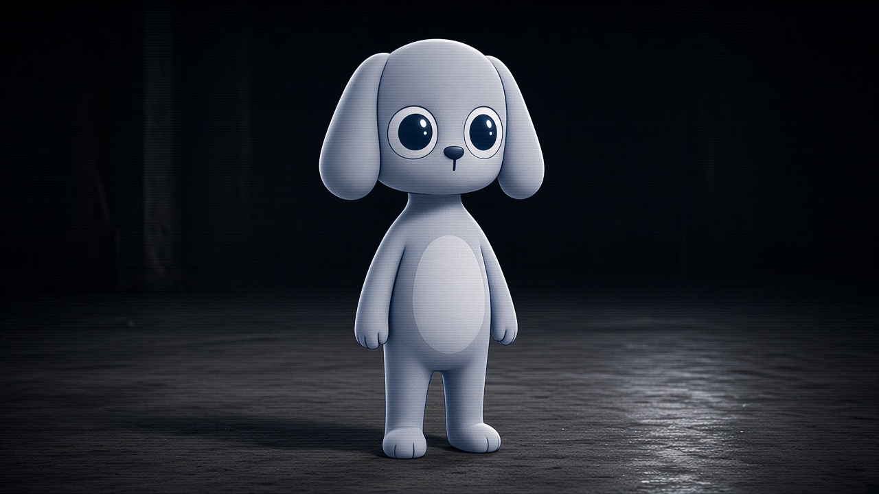 Degs, a small pale blue-gray puppy, standing alone in a dark room.